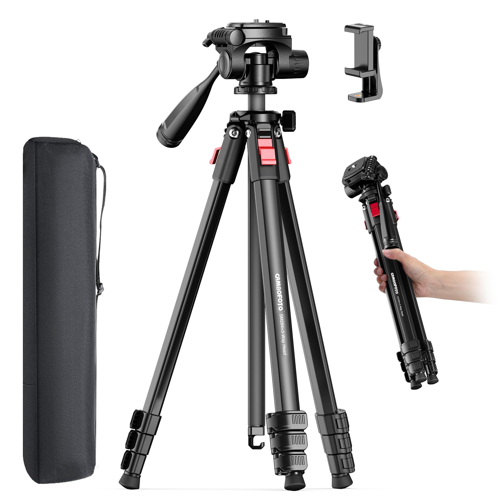 Treppiede da viaggio leggero per fotocamera da 173 cm, compatto e portatile, in alluminio, compatibile con telefono Canon/Nikon (supporta 4 kg, pesa 1,12 kg), nero
