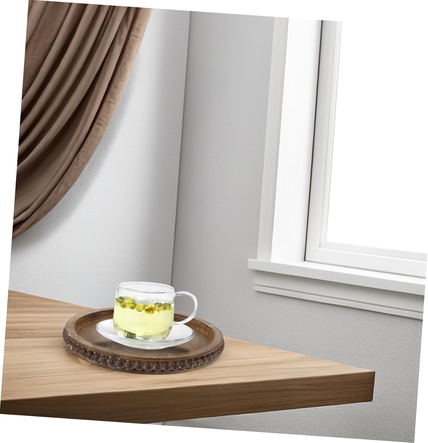 French Rustic Round Wooden Tray Raised Base Decorative Coffee Table Serving Plate for Home Kitchen and Restaurant Display Farmhouse Style