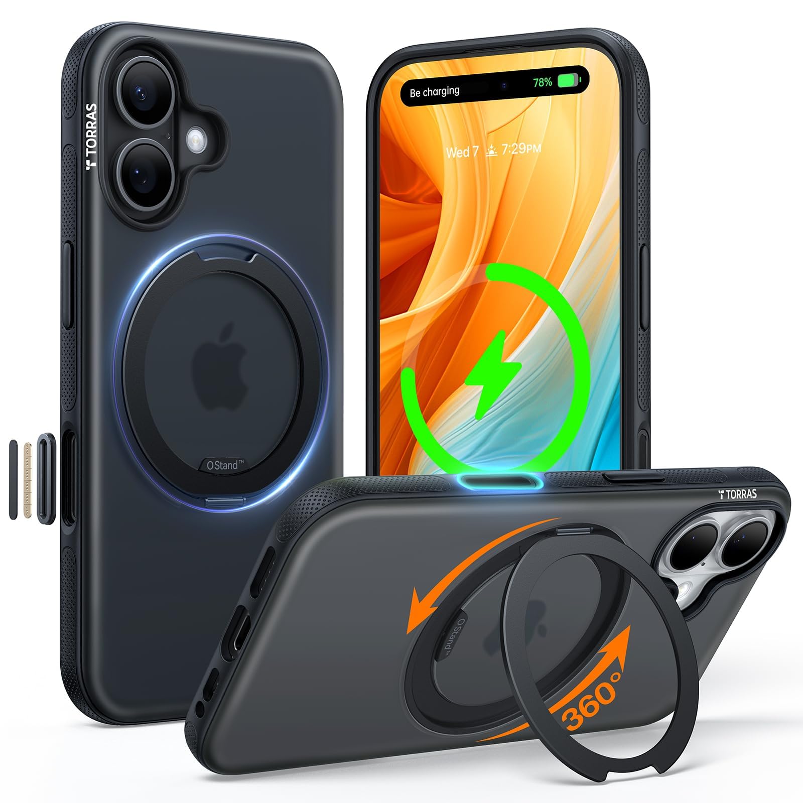 TORRAS Custodia Ostand R Fitness a 360° per iPhone 16 per MagSafe [supporto flessibile e n. 1 forza magnetica e protezione militare certificata] Custodia per iPhone 16 Case Nero