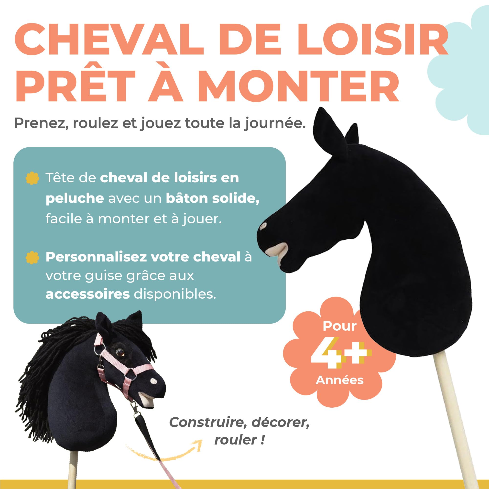 Panduro DIY Hobby Horse | Cheval à Baiser – Cheval Non décoré avec Tige en Bois | Cheval bâton sans roulettes, sans Son | Longueur 85 cm | Friesian