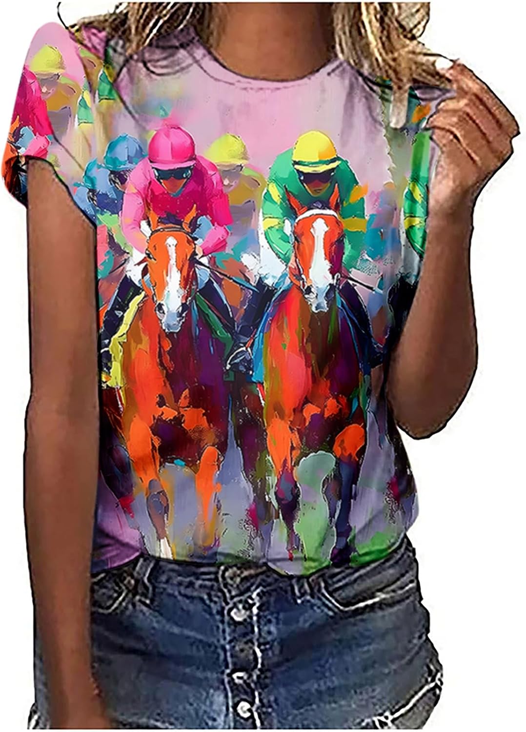 Horse Racing Shirts for Women Summer Casual Short Sleeve Graphic Tee Tops Funny Crewneck Loose Tunic Blouses