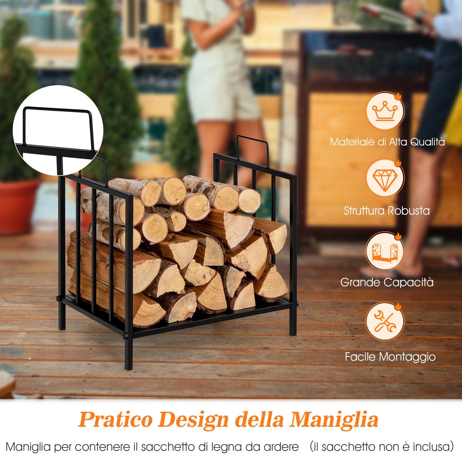 COSTWAY Porta Legna per Interni ed Esterni, Porta Legna per Camino con Comoda Maniglia e Piedini Rialzati, Portalegna da Ardere per Caminetti, Stufe e Focolari, Portata 50 kg (46 x 31 x 46 cm)