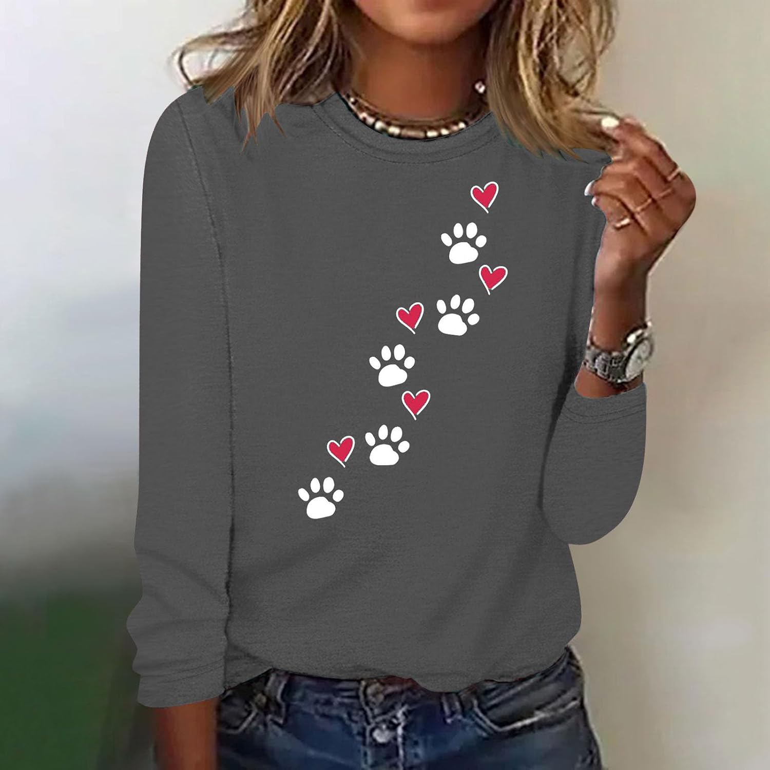 Womens Cute Dog Paw Graphic Tops,Womens Fashion Casual Long Sleeve Love Heart Print Tshirts Crewneck Pullover Shirts