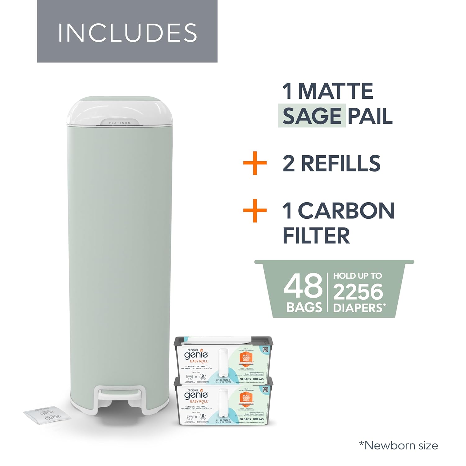 Diaper Genie Platinum Pail (Sage Green) + Easy Roll Refill (30 Bags) Bundle