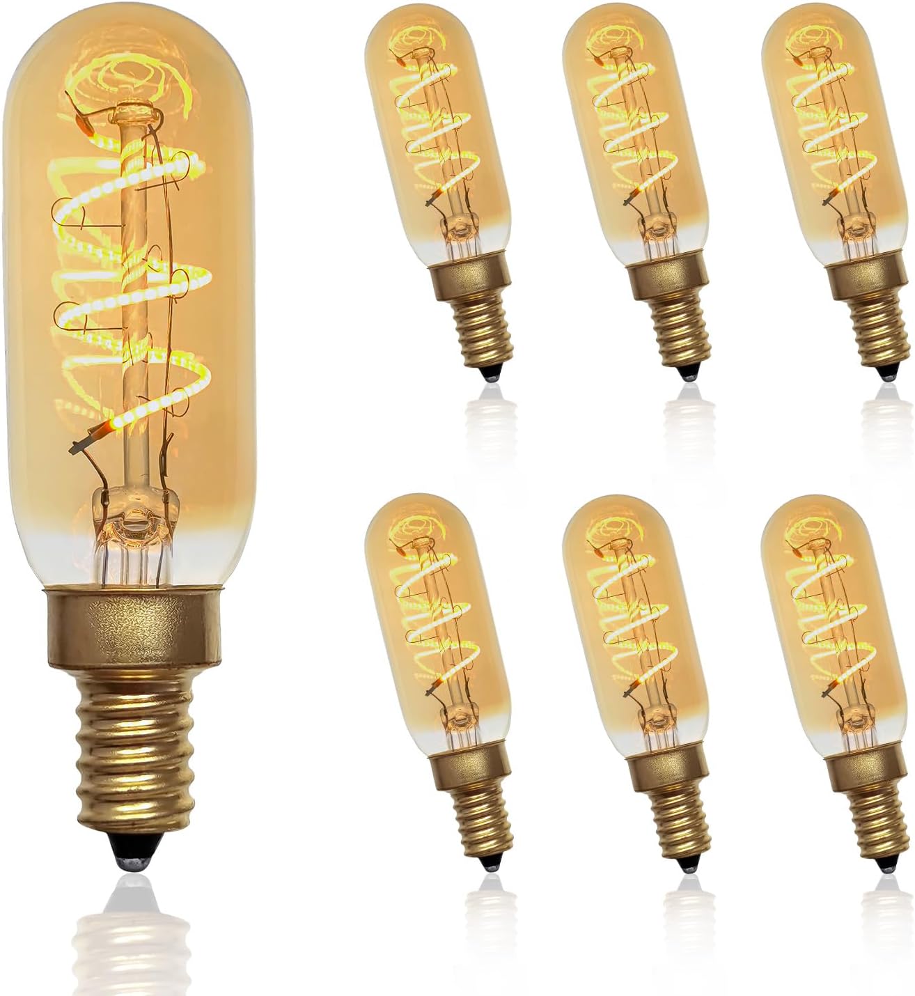 T6/T25 LED Edison Candelabra Bulb, E12 Base, Dimmable, 40W Equivalent (4W), 2200K Warm White, Spiral Filament, Amber Glass - Ideal for Chandelier, Ceiling Fan - 6 Pack