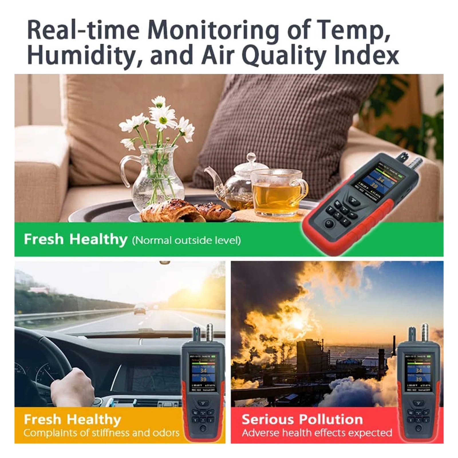 Détecteur de gaz, Capteur de Compteur Particules poussière d'air 3/6 canaux PM2.5/10 Compteur d'humidité la température Détecteur Concentration qualité l'air(TC8200)