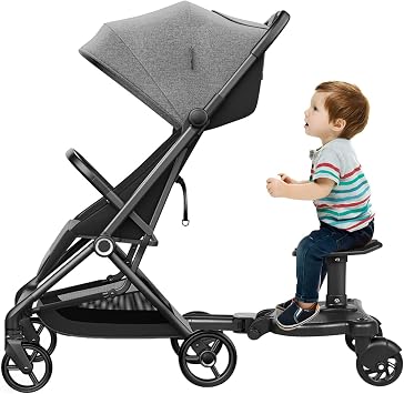 Baby Kiddy Board Universal Buggy Footboard 25kg Capacity Flexible Adjustment Height Ride-On Board with Removable Seat & 360  Swivel Wheels, Adjustable Standing Platform for Kids 3-7 Years