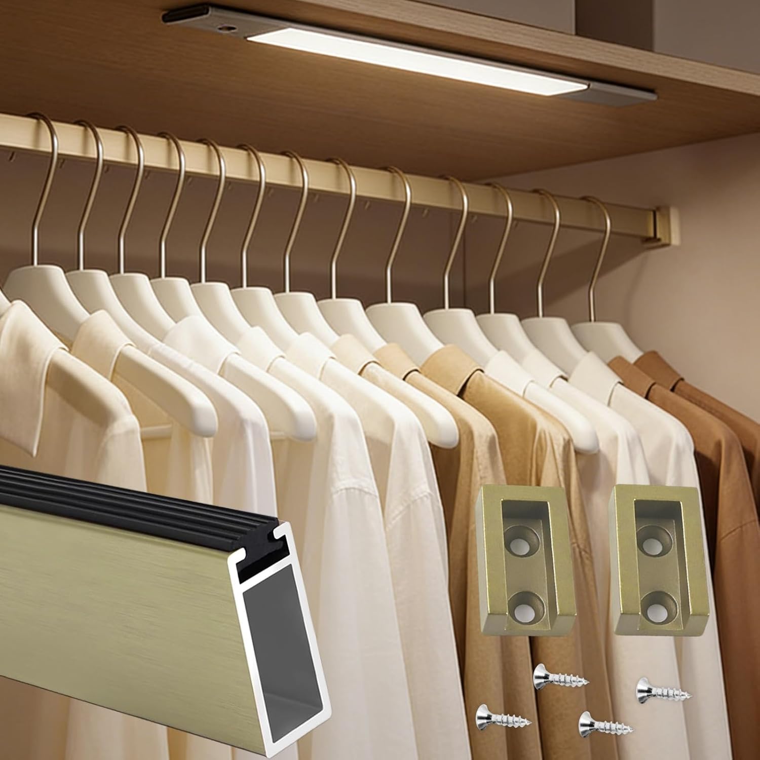 Champagne 41.3in Aluminum Closet Rod - 220 lbs Load-Bearing Wardrobe Hanging Rail with Silent Strip for Easy Clothes Drying & Storage, Quick Installation