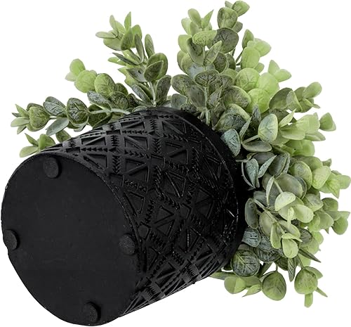Miniatura 7 de MyGift Planta artificial de eucalipto boj en maceta moderna de hormigón negro con patrón geométrico en relieve, planta de interior sintética