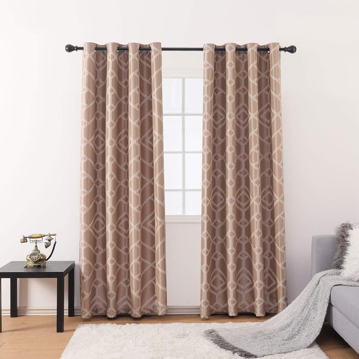 Geometric Blackout Curtains for Bedroom Elegant Polyester Grommet Jacquard Lattice Window Curtain Set for Living Room（52" W x 63" L, 2 Panels