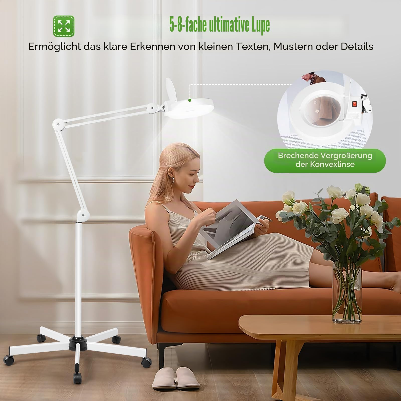 8 Fach Lupen mit LED Licht und Ständer Lupenleuchte 24W | Dreifach Kreisförmige Standlupelampe mit Schwenkarm für Lesen Arbeit Nähen Senioren usw
