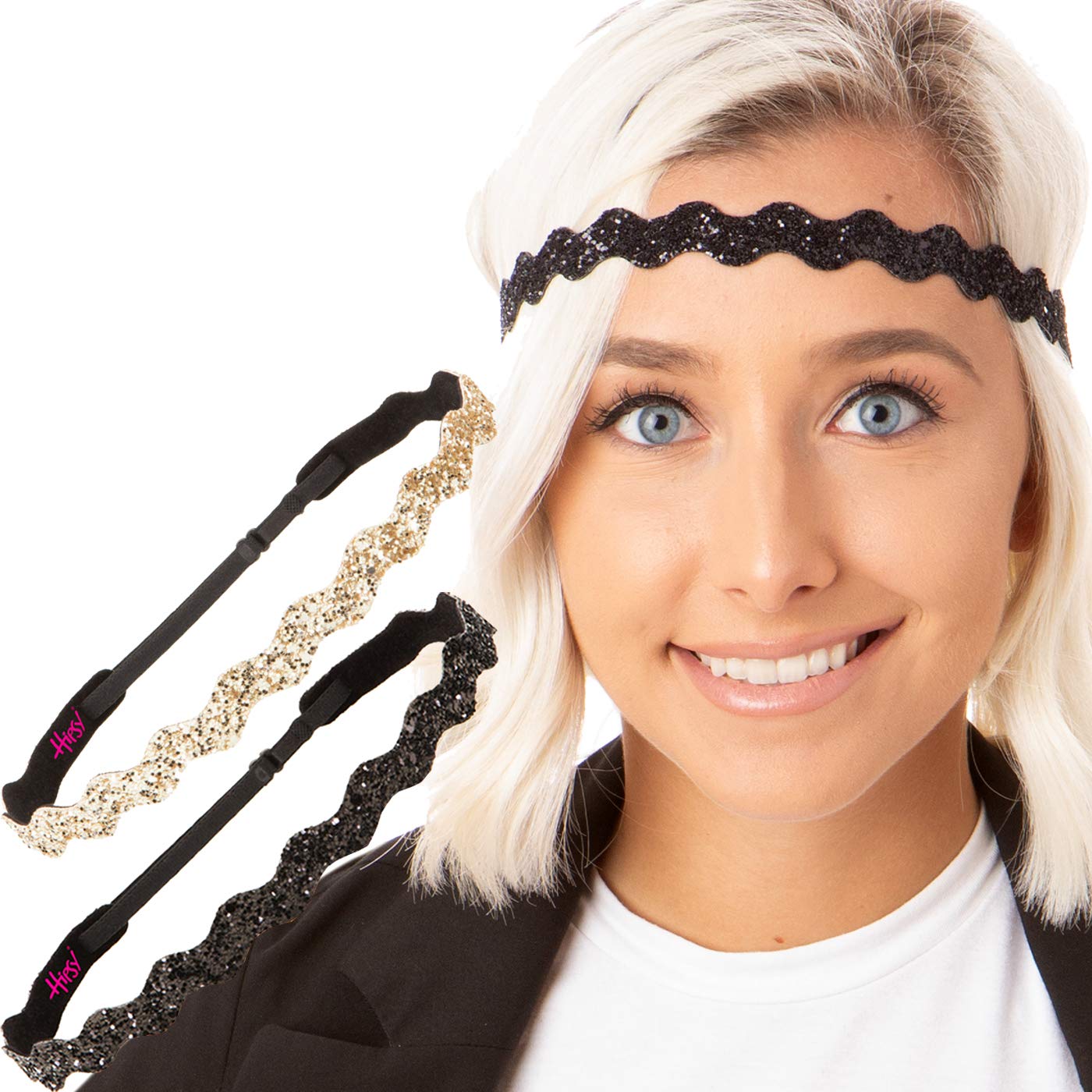 Hipsy Women's Adjustable Fashion Headbands Bling Glitter Wave Gift Sets (Wave Black/Silver/Gold)
