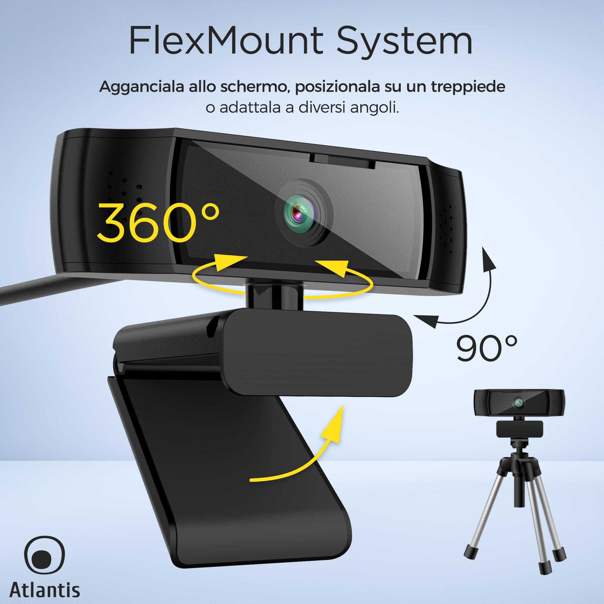 ATLANTIS Webcam 2K, 5 Mpixel 2560x1944/30fps e Full HD, fuoco automatico autofocus, Doppio Microfono Omidirezionale, bilanciamento del bianco, angolo vis 90°, adatta per videochiamate, USB,P015-U965HD