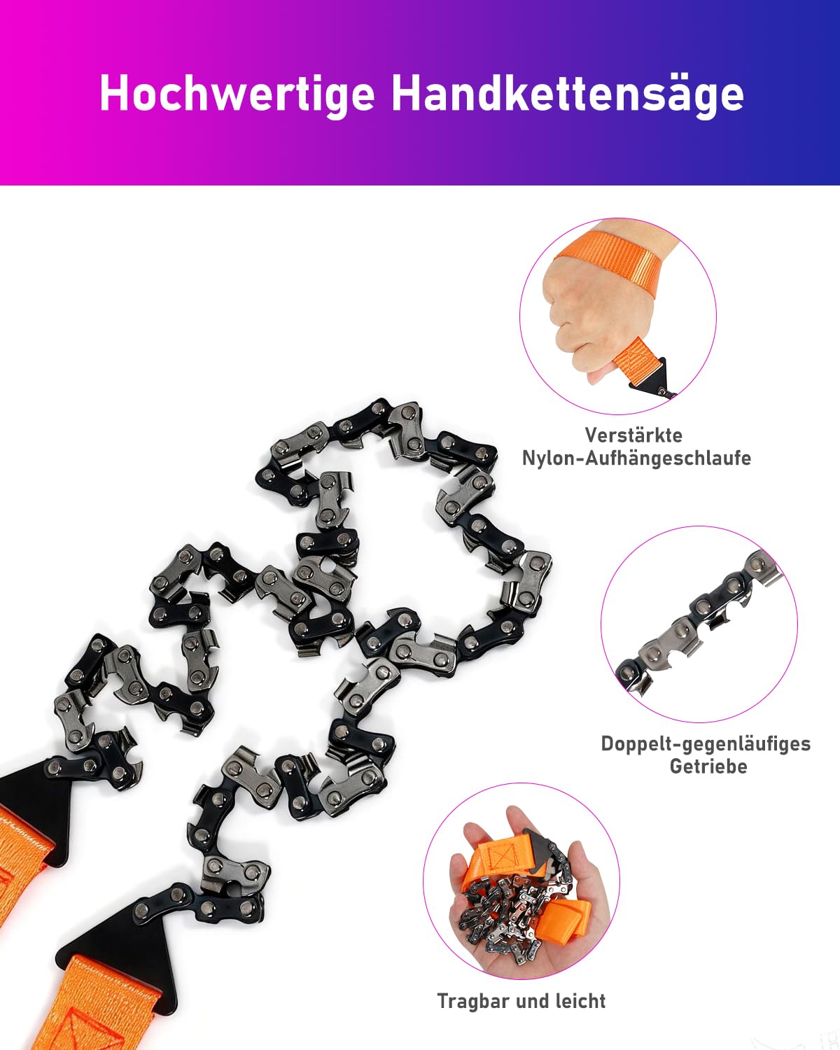 33 Zähnen Handkettensäge, ANVINKU 65,5 cm Hand Kettensäge mit Gürteltasche, Seilsäge Survival Ausrüstung, Carbonstahl Handsäge für Survival, Camping & Outdoor