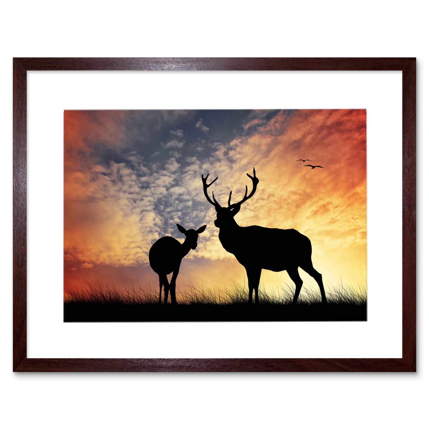 Wee Blue Coo Photo Composition Deer Silhouette Sunset Sky Stag Picture Framed Wall Art Print