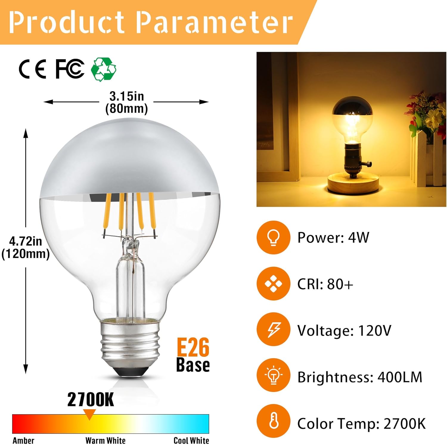 Half Chrome Light Bulb,Dimmable G80/G25 Globe Chrome Tip LED Light Bulbs Silver Top,Dipped Light Bulbs with Silver Bottom for Bathroom,Vanity,Mirror,2700K Warm White 400LM,2 Pack