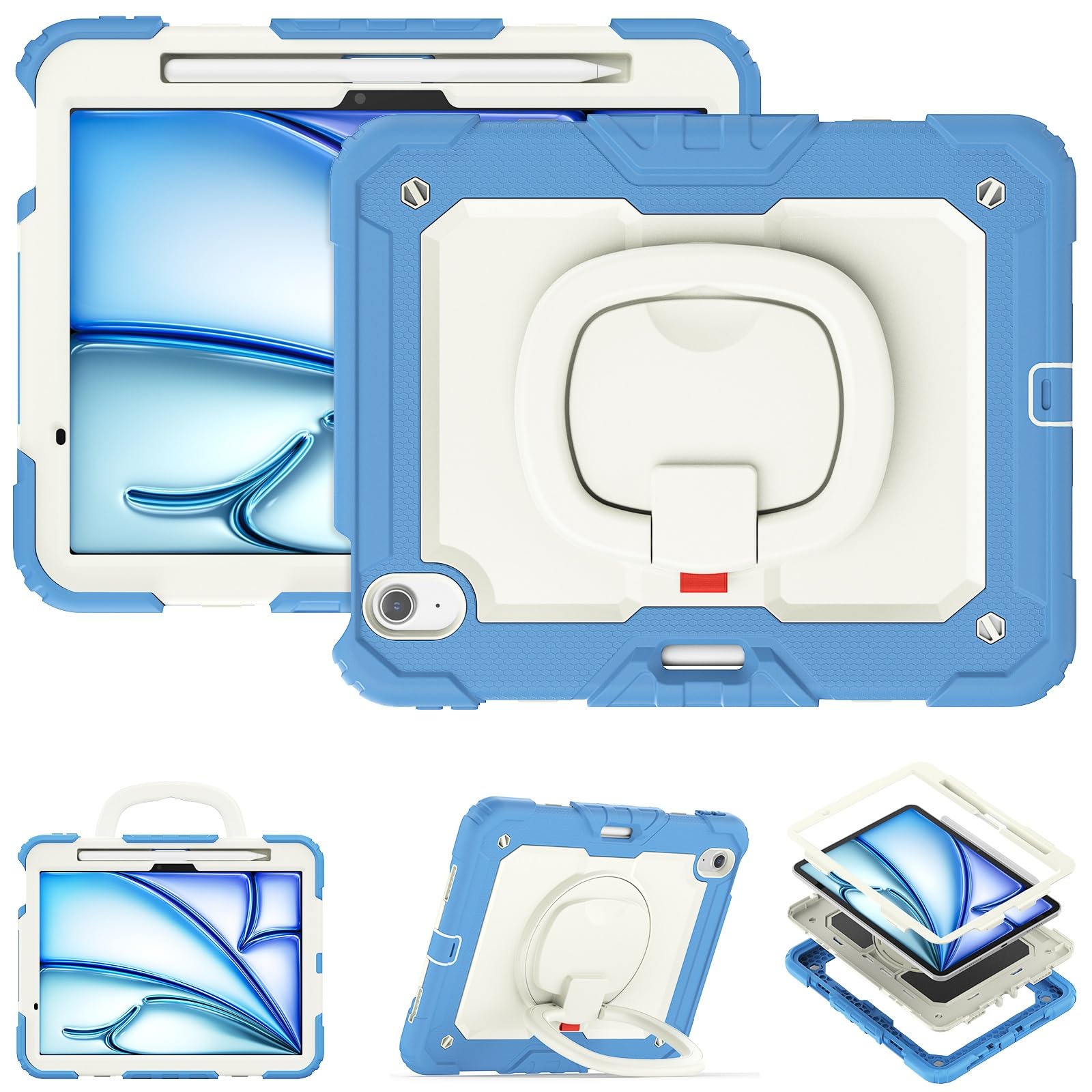 Kompatybilne z iPad Air 11 cali (M3) 2025 etui uchwytem na ołówek i ochraniaczem ekranu, pełne ochronne obrotowym silikonowym(Blue 4)