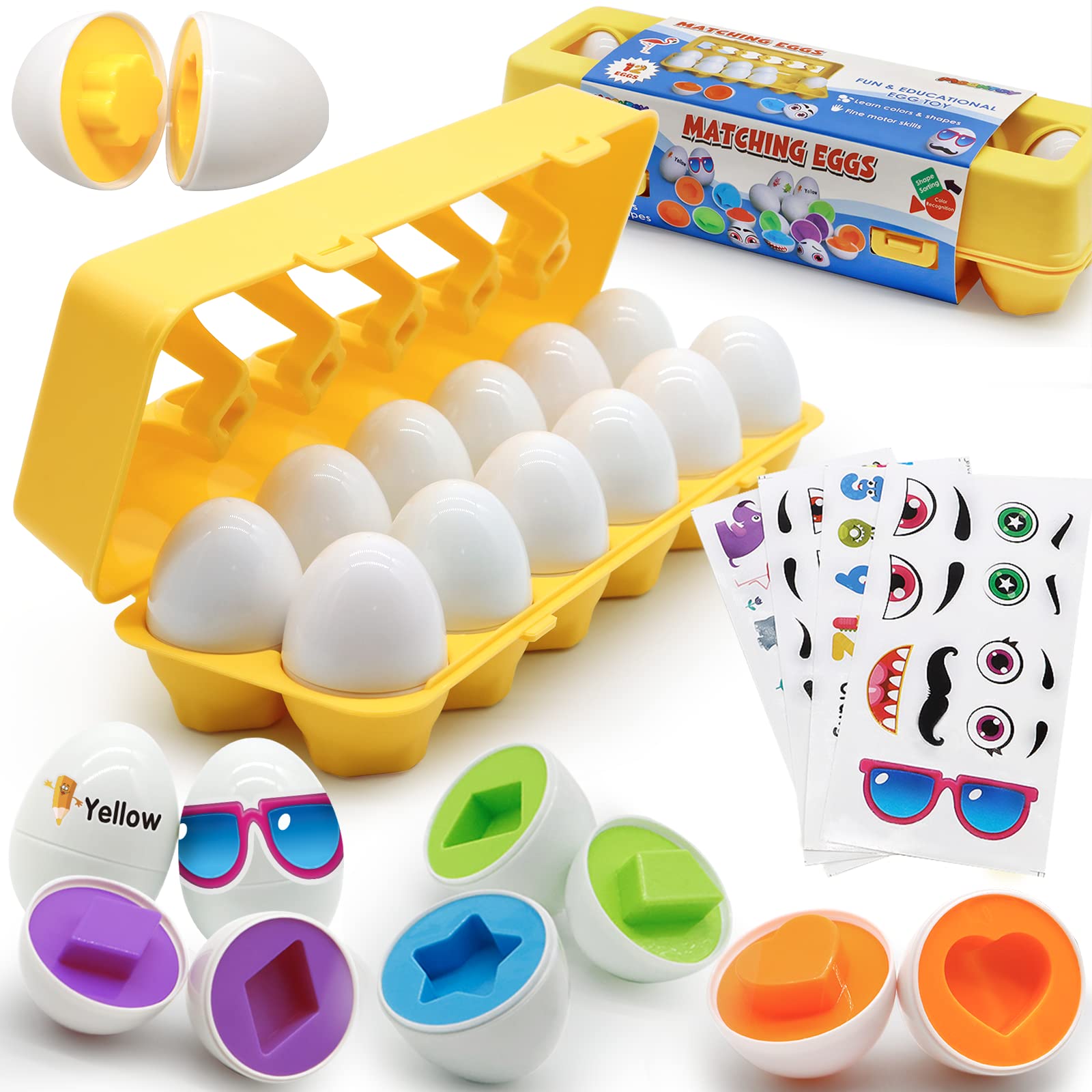MOONTOY Matching Eggs for Toddlers 1-3, 12PCS Preschool Educational Learning Color & Shape Sorter Montessori Geometric Egg Fine Motor Skill Gift for 1 2 3 Year Old Kid Baby Boy Girl Stocking Stuffer