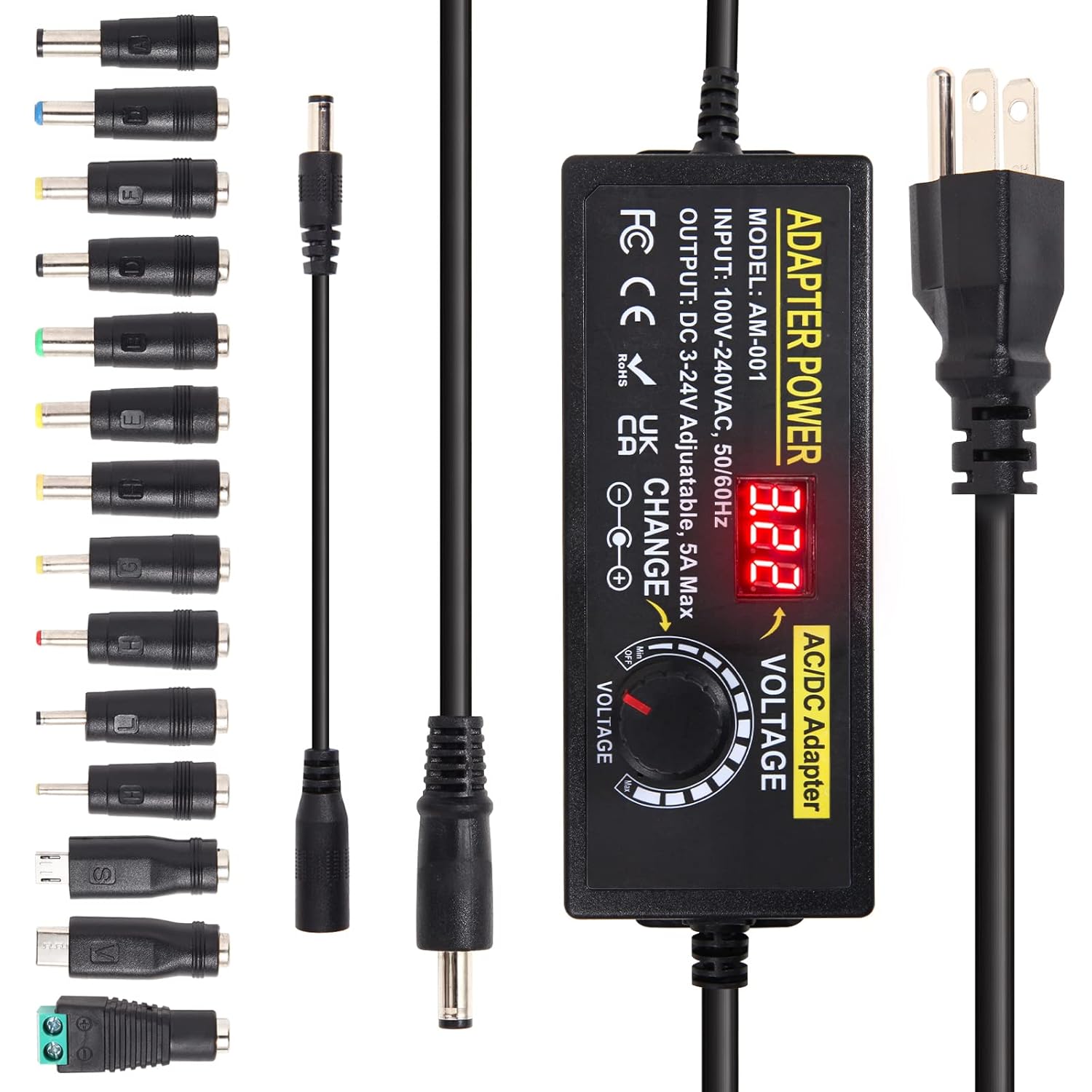3V~24V 120W 5A Adjustable DC Power Supply AOYADAISU Universal Power Adapter with 14 Tips & Polarity Converter, 100-240V 50-60Hz Variable AC to DC Power Converter for LED Strip Light Camera 5000mA