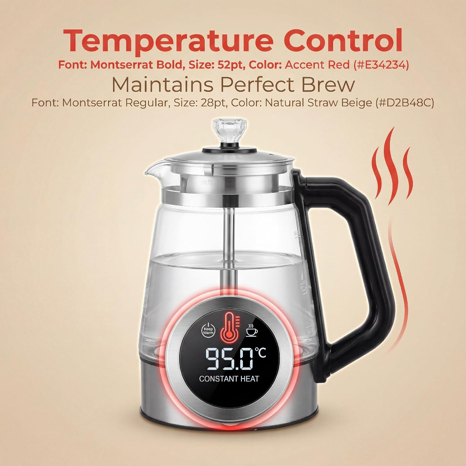 Electric Kettle, 1.2L Transparent Glass Electric Heat Preservation Electric Tea Kettle Tea Kettle Electric with Steam Spraying for Home Office