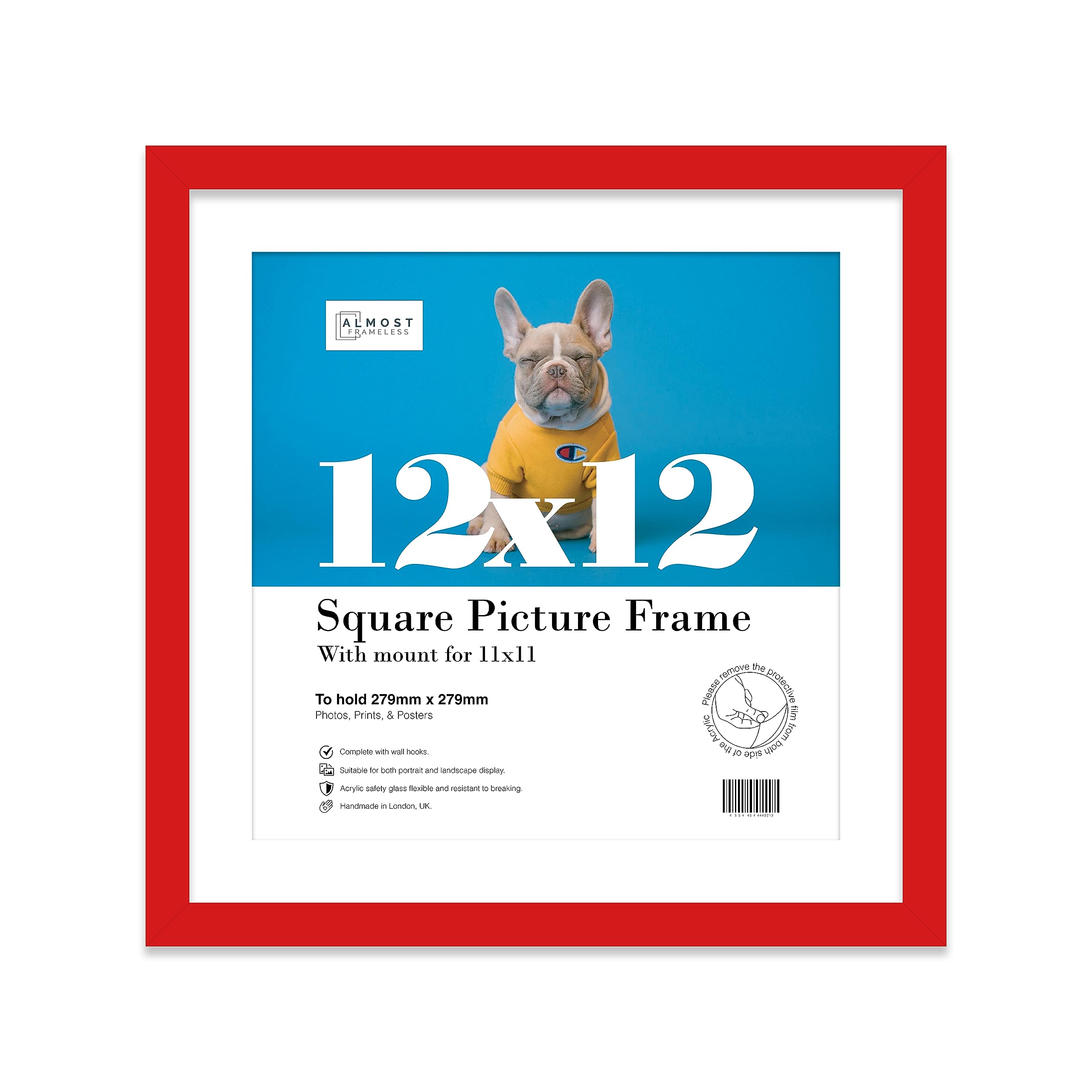 Almost Frameless Red 12X12 Picture Frame, Display Pictures 11X11 With Mat Or 12X12 Without Mat, Wall Hanging Photo Frame, 1 Pack
