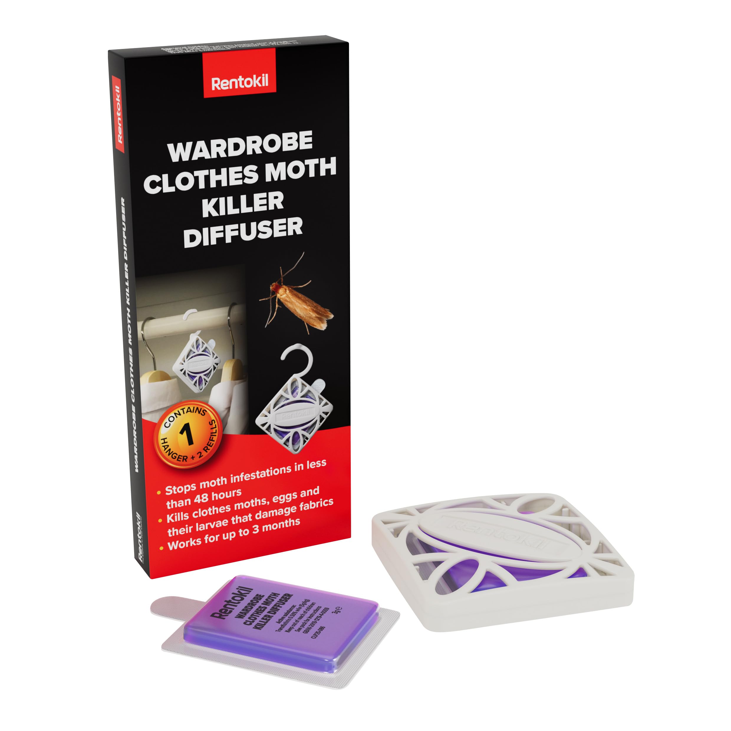 Rentokil Wardrobe Clothes Moth Killer Diffuser - 1 Hanger And 2 Refills