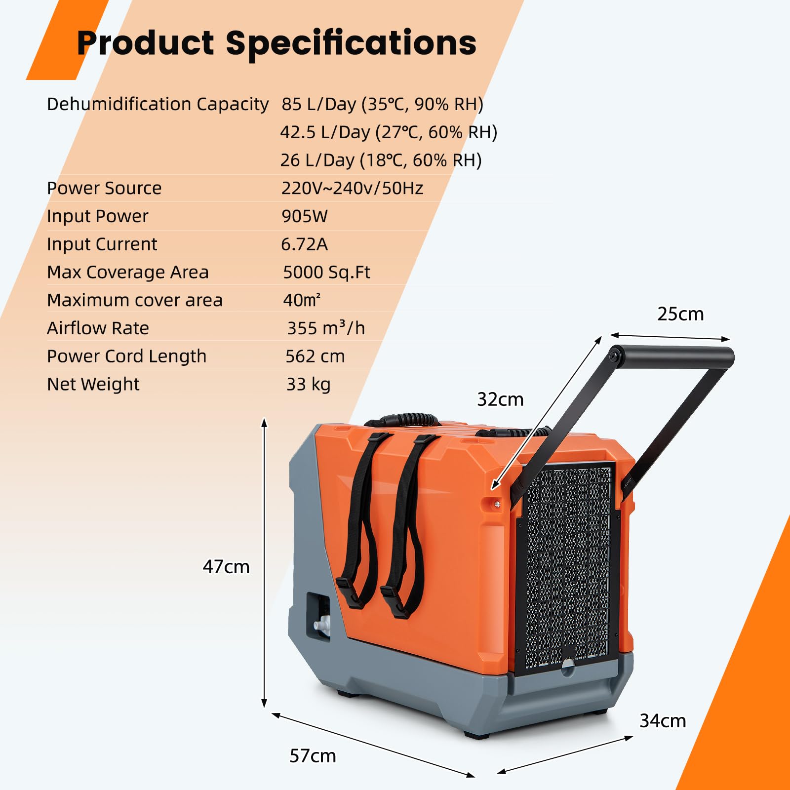 SOARS Deumidificatore Elettrico 85L/Giorno, Deumidificatore Industriale Professionale con Pompa di Scarico Automatica, Tubo di Scarico, Timer 24 Ore, per Cantine, Fabbriche, Magazzini (Arancione)