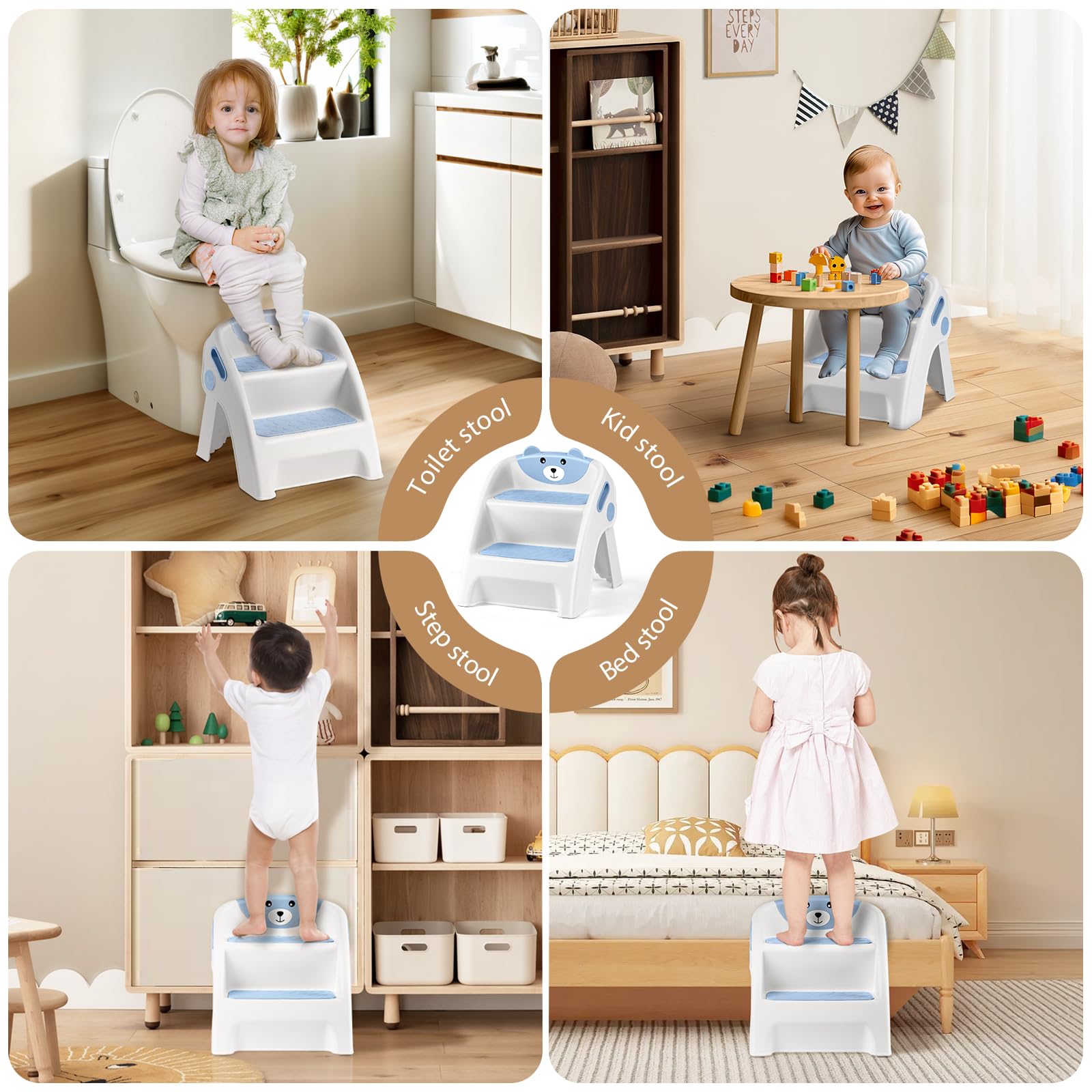 Nookty - Taburete plegable de 2 escalones con diseño de oso lindo para niños pequeños para fregadero de baño y entrenamiento de orinal, taburete antideslizante de doble altura, portátil y fácil de