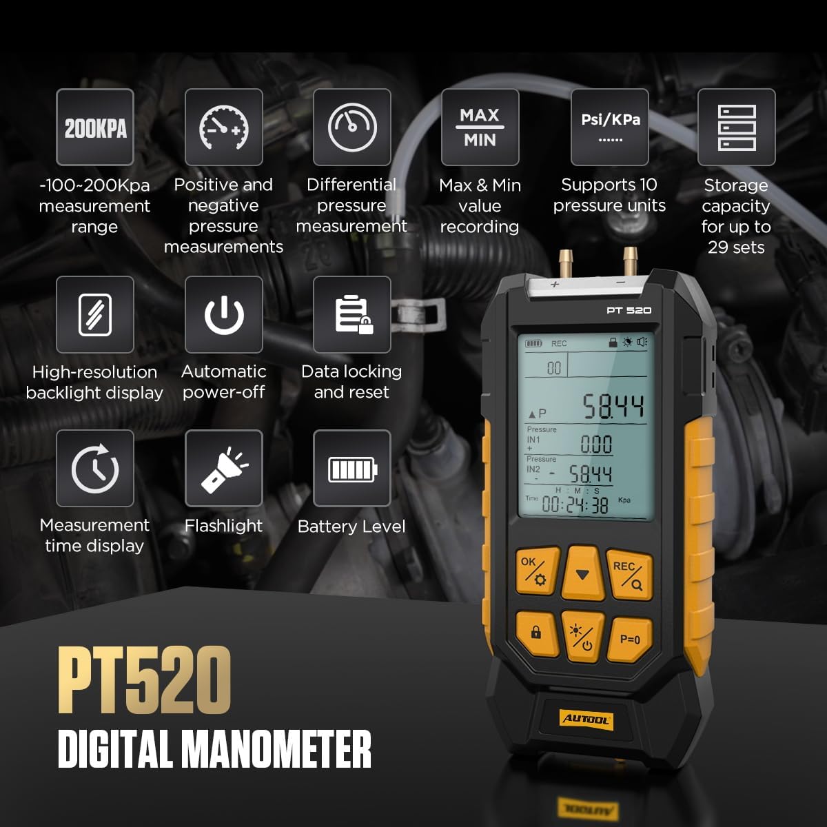 Manómetro digital de alta precisión para presión diferencial, con una precisión de ±0,3% del fondo de escala, 10 unidades de medida y un rango de -100 a 200 kPa, Almacenamiento para automóviles