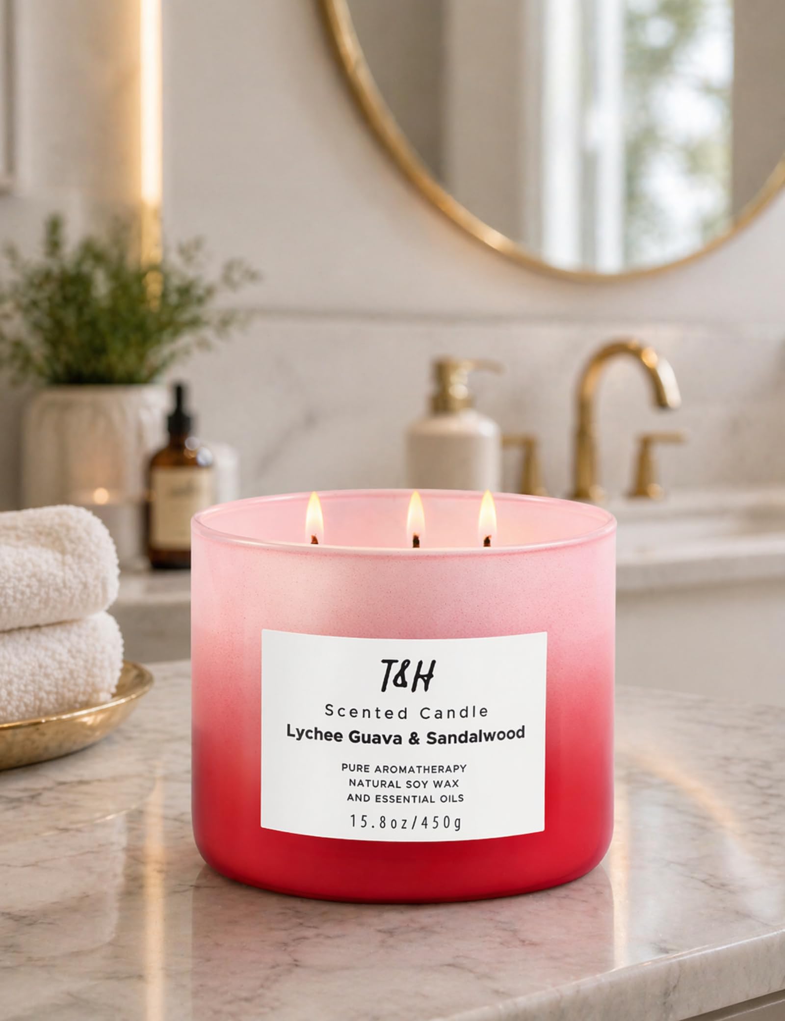 Lychee Guava e Sandalo Candela per la casa, candela di soia naturale a 3 stoppini, candela calmante per aromaterapia, regalo per donne e uomini, candela rilassante grande da 450 ml, altamente