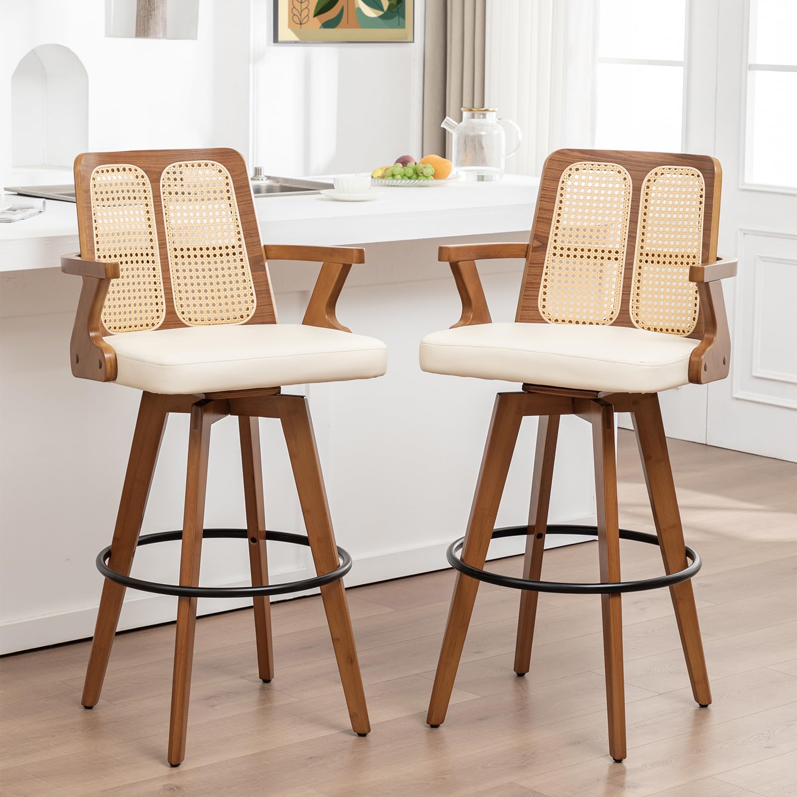 Swivel Bar Stools Set of 2 - 30 inch Mid Century BarStools with Curved Backs and Arms, Walnut Bentwood, Faux Leather Upholstered Seat, Rattan Bar Stools for Kitchen/Island (30" Seat Height, Beige)
