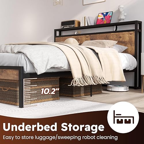 Miniatura 77 de Base de cama de tamaño matrimonial con cabecero, plataforma LED con 4 cajones de almacenamiento, estación de carga integrada, sin ruido, base de