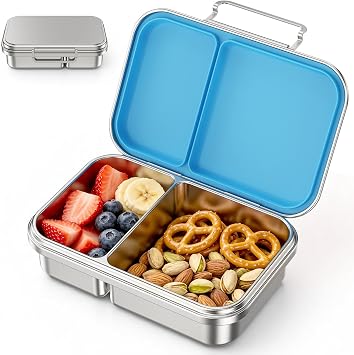 Pawtong Stainless Steel Bento Box for Kids, 2 Compartment Food Grade Metal Lunch Box Container, Leak Proof Silicone Lid, Dishwasher Safe Reusable Snack Box for School Travel Picnic, BPA Free Blue