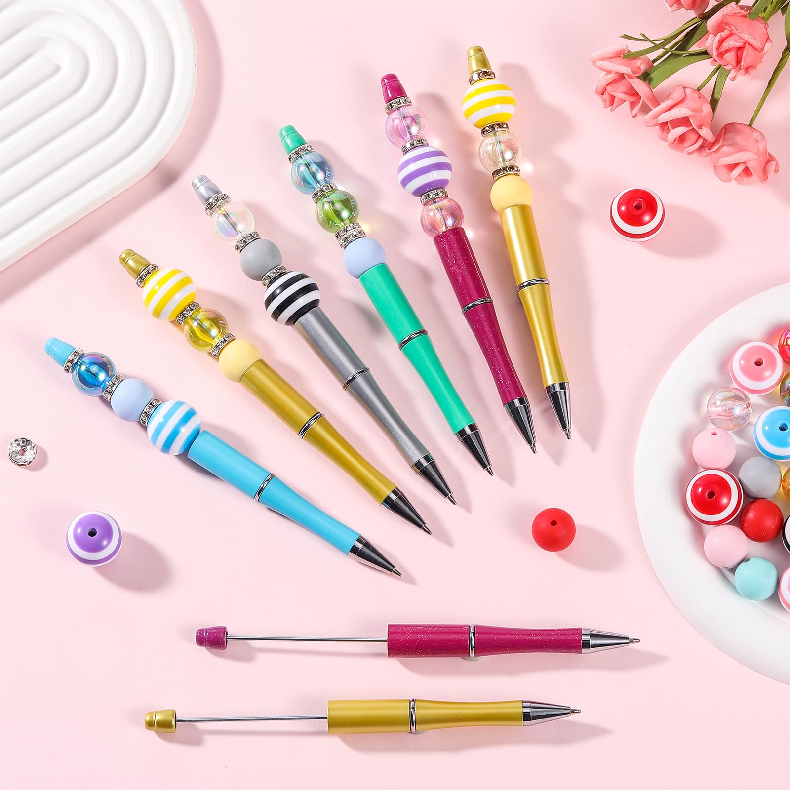WEWAYSMILE 12 Set Beaded Pens Kits Silicone Beads For Pens DIY Cartoon Bead Pen Various Silicone Beads Spacer Beads Suitable For Office School Gift Handicraft Office Supplies(Striped Round Beads) - Image 3