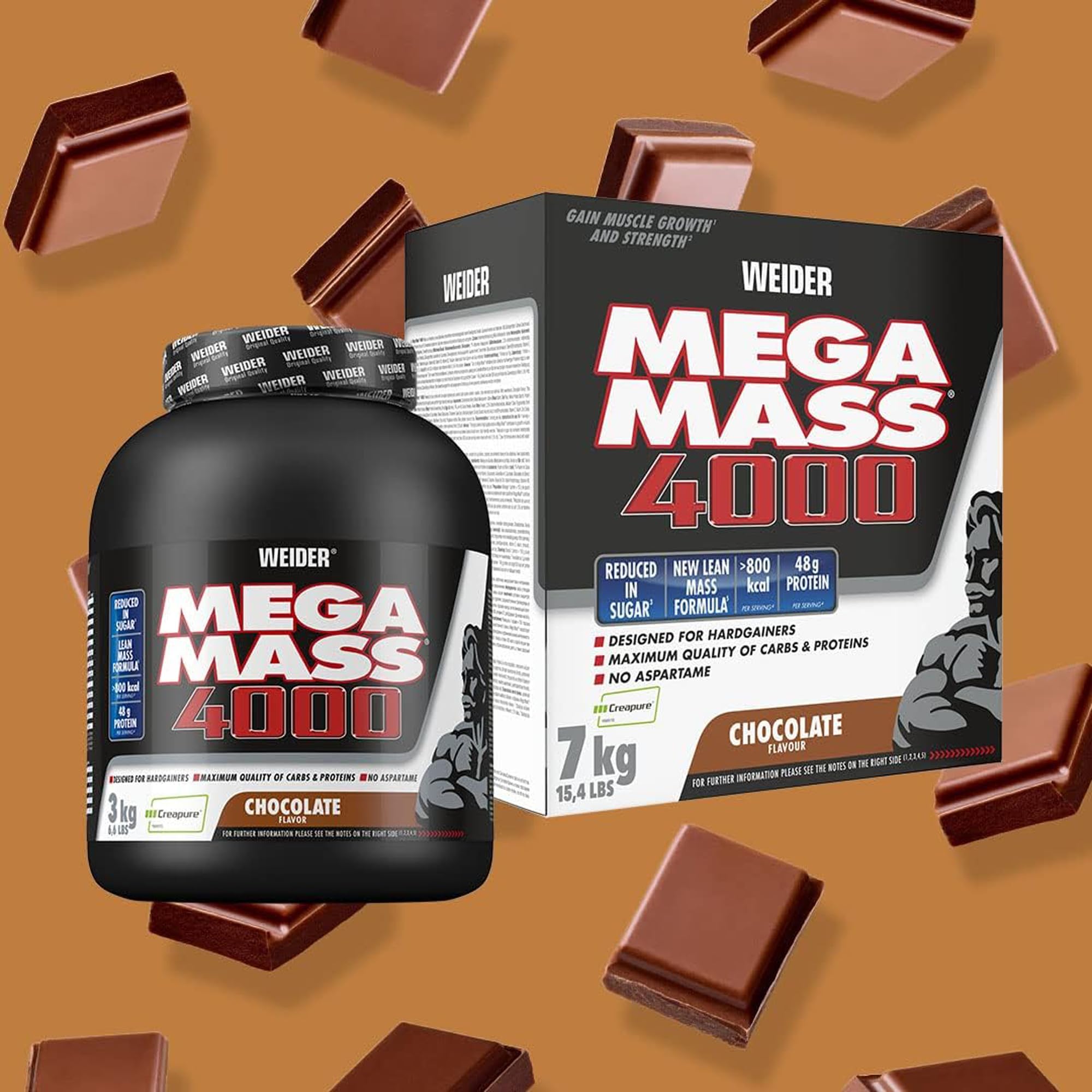 Weider Mega Mass 4000 3 kg - Legendarny Gainer z Węglowodanami, Białkiem, Monohydratem Kreatyny Creapure, Witaminami i Minerałami, Smak Czekoladowy