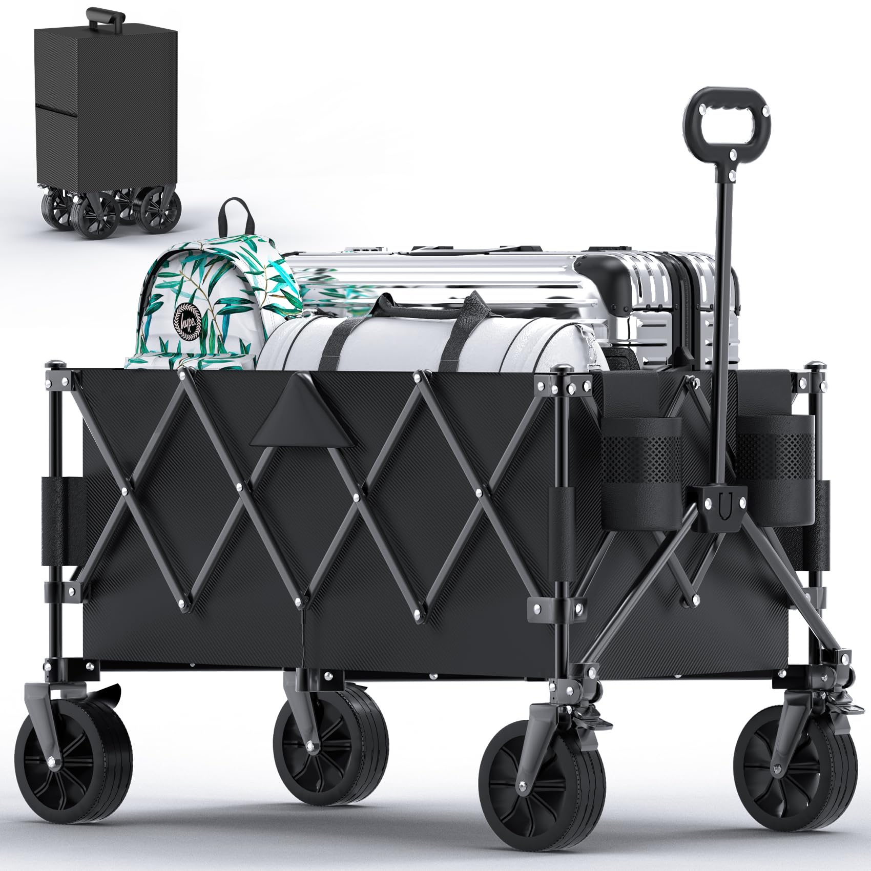 440lbs Collapsible Wagon Cart with Wheels, Large Capacity Wagons Carts Foldable, Heavy Duty Folding Utility Wagon with Side Pockets, Grocery Wagon for Beach, Camping, Sports, Transport, Black