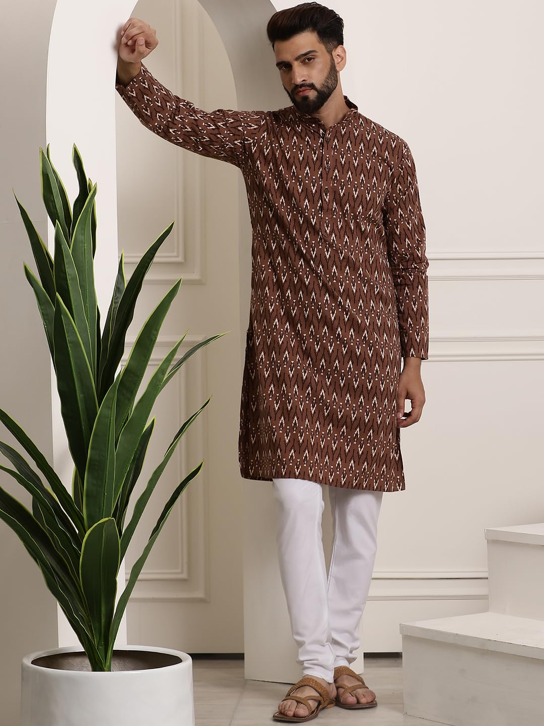 Sojanya (Since 1958 Men's Cotton Brown & Cream Print Kurta & White Churidar Pyjama Set