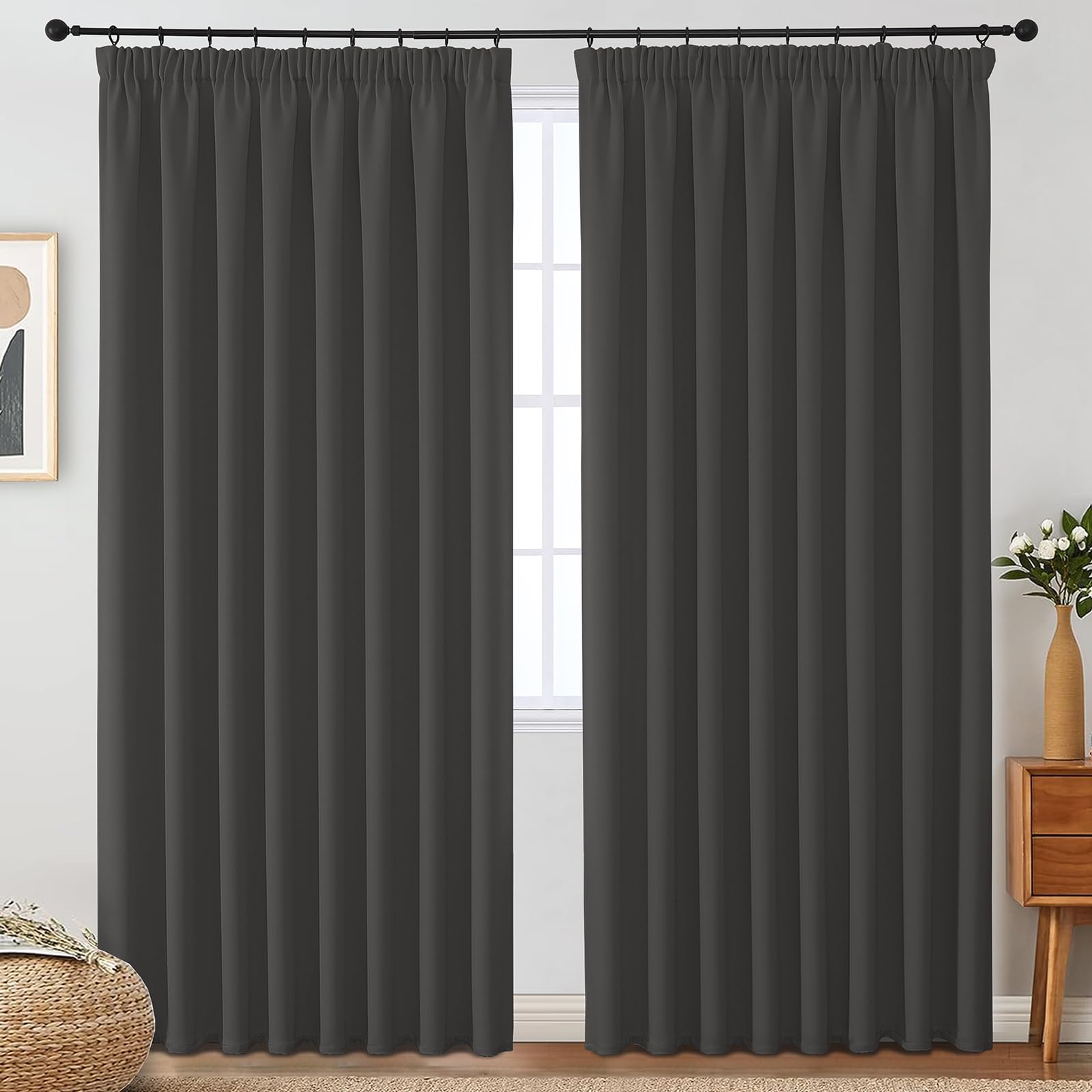 VEHEDE Extra Wide Blackout Curtains for Patio Door – Pencil Pleat Thermal Drapes, Dark Grey, W90 x L90 Inch, 2 Panels — image 1