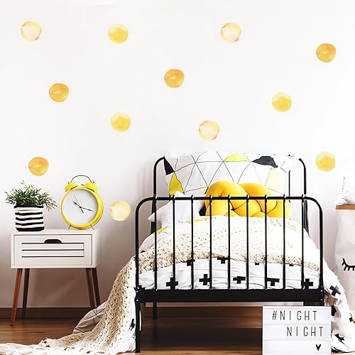 Miniatura 6 de sacinora - 7 hojas de 84 calcomanías de pared de lunares de acuarela amarilla brillante dorada, calcomanía de pared de arte circular extraíble de