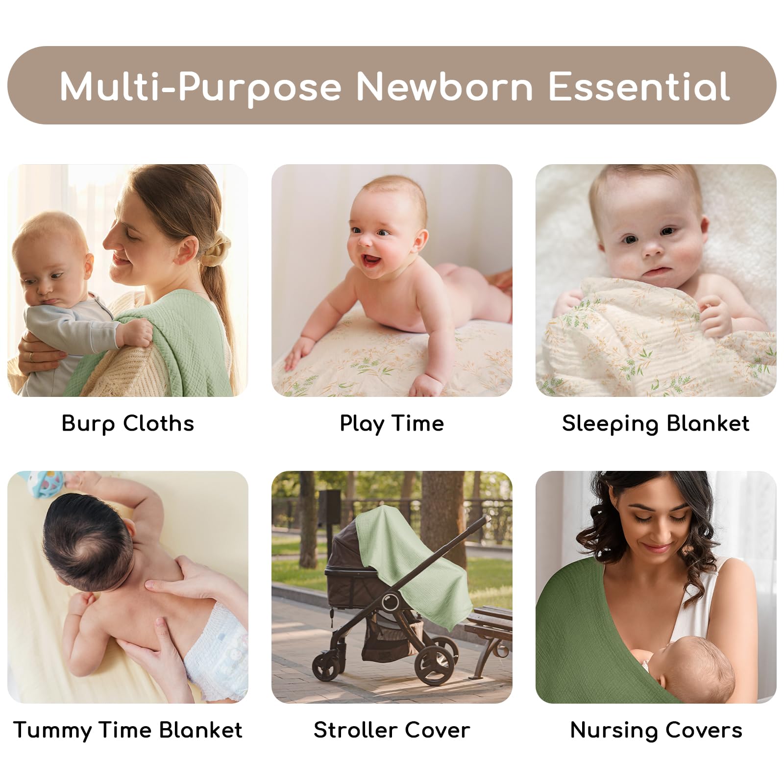 Baby Mussola - Panno quadrato per neonato, confezione da 5 pezzi, 60 x 60 cm, in cotone, assorbente, traspirante e ideale da pulire, per genitori, verde