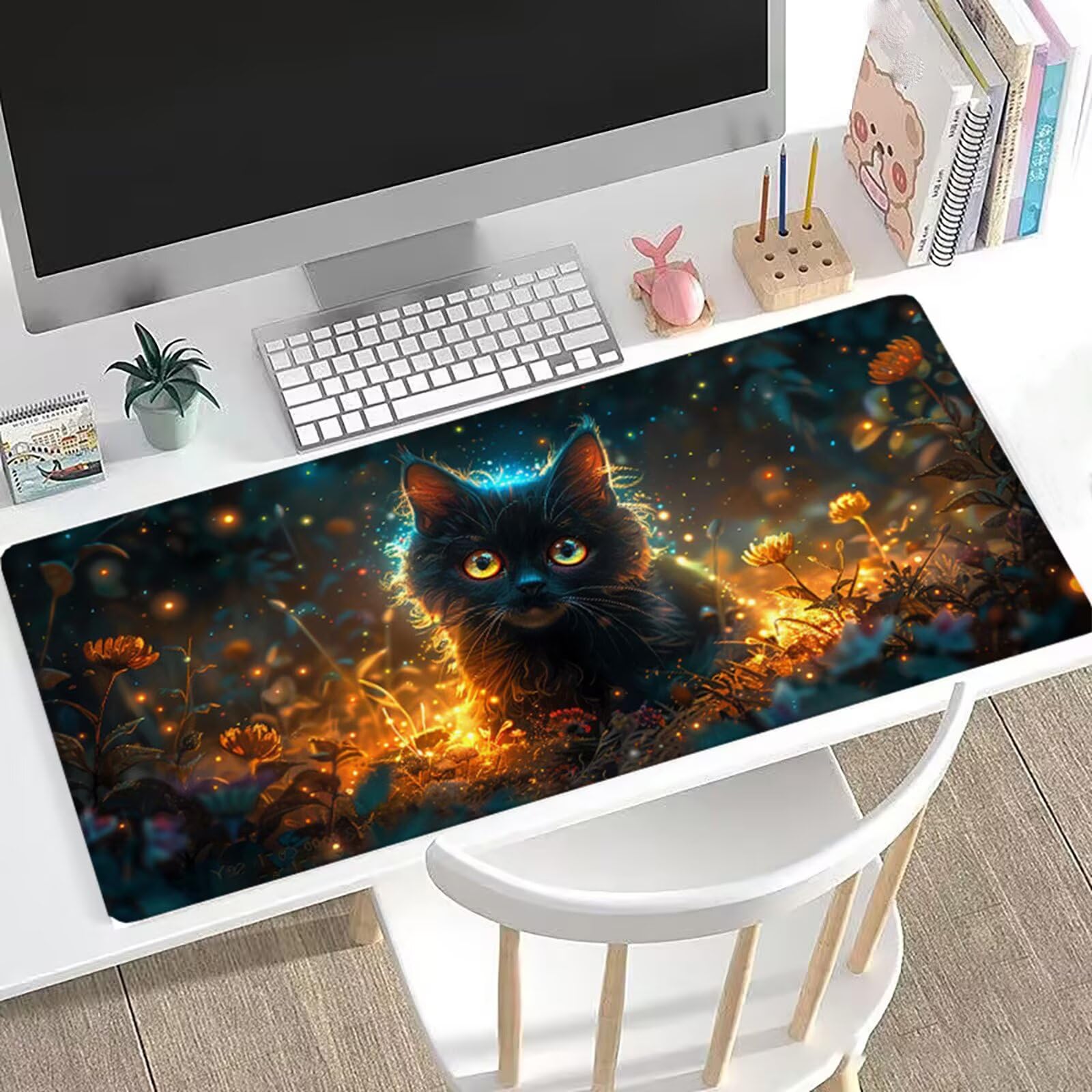 Gamingowa podkładka pod mysz z motywem kota, XXL, 150 x 80 cm, żółta, podkładka na biurko, zoptymalizowana precyzja i prędkość, z gumowaną antypoślizgową podstawą, mata na biurko dla graczy