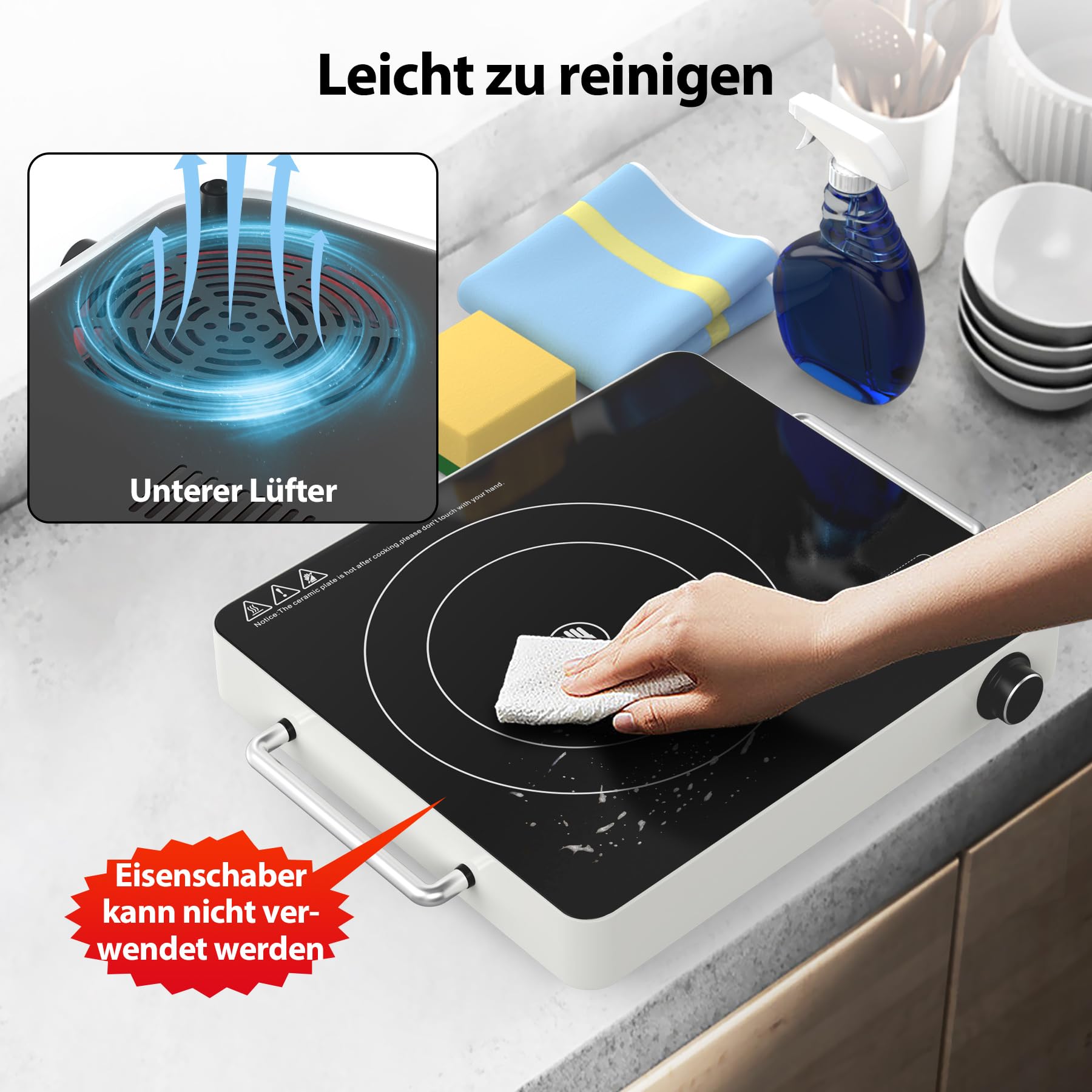 VBGK Cerankochfeld 1 Platte 220V Touch Knopf Elektrokochfeld 2000W Einzelnes Keramikkochfeld 10 Leistungsstufen Kindersicherung Timer