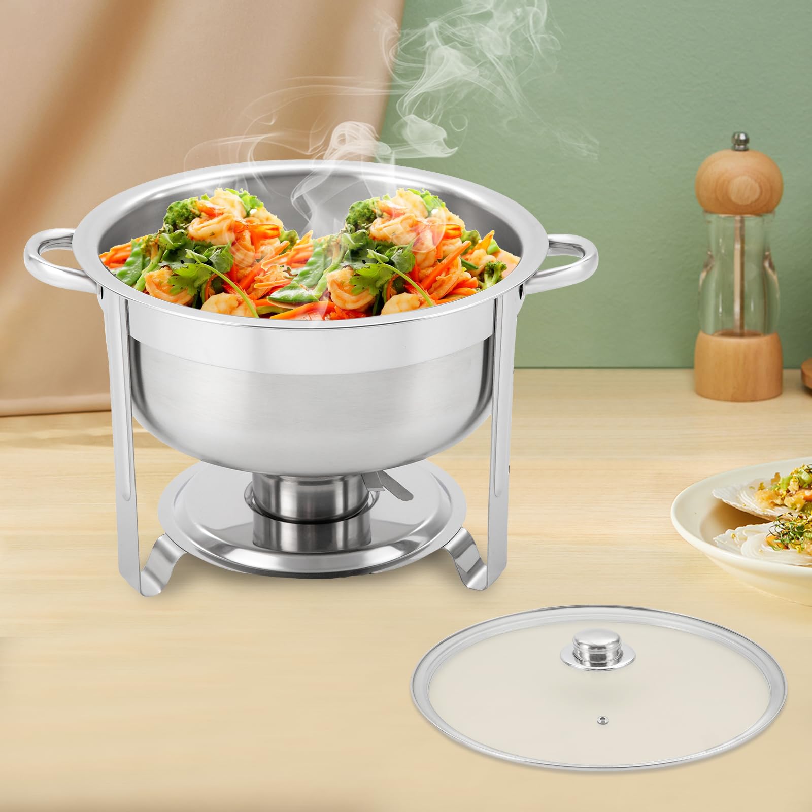Set da buffet rotondo Chafing Dish in acciaio inox con padella e coperchio, contenitore termico per alimenti, per feste, cene, hotel e altre occasioni