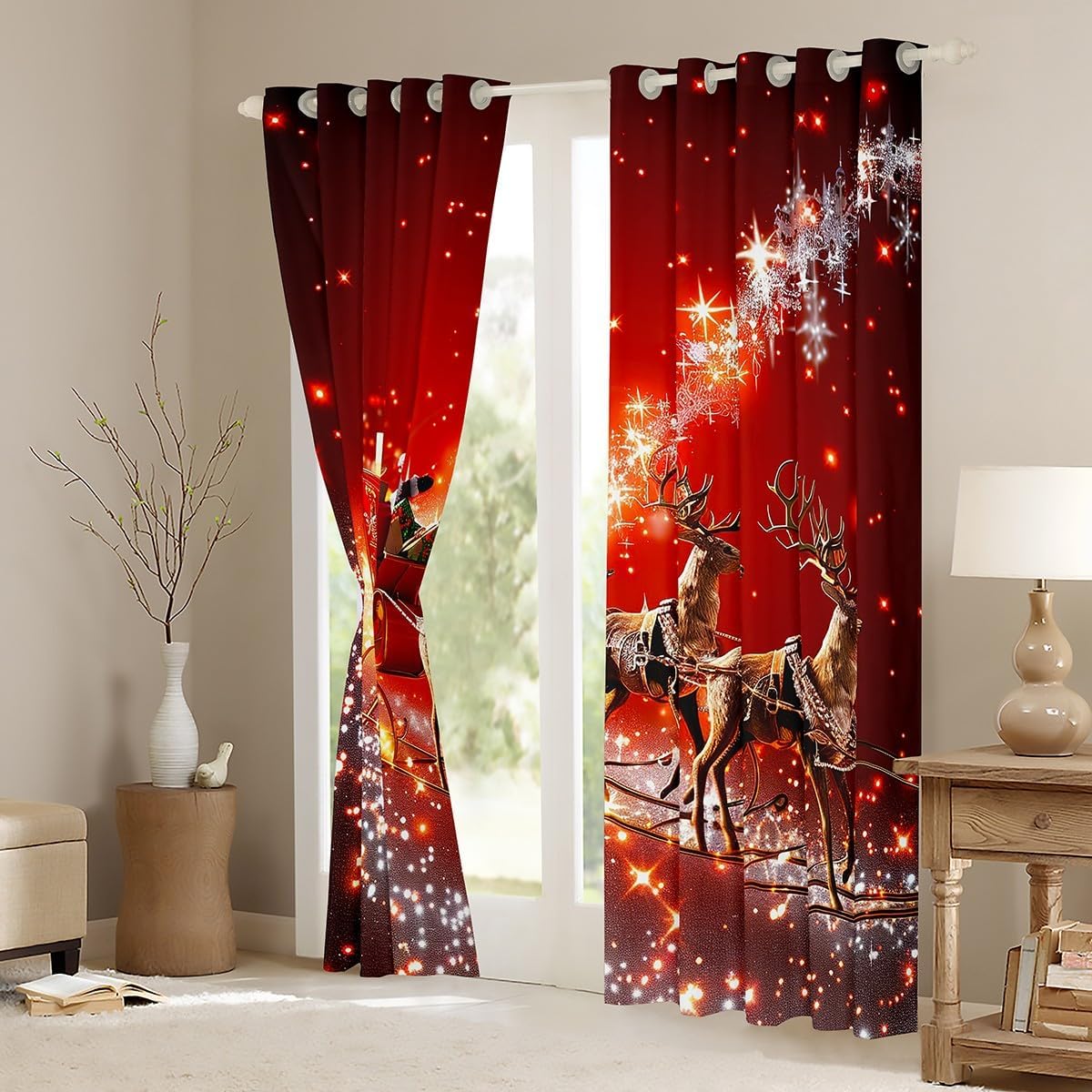 Santa Claus Window Curtains,Sled Car Curtain,Merry Christmas Window Drapes for Kid Teens Boys Young Man,Modern Bedroom Decorative,Red New Year Curtain,104Wx63L