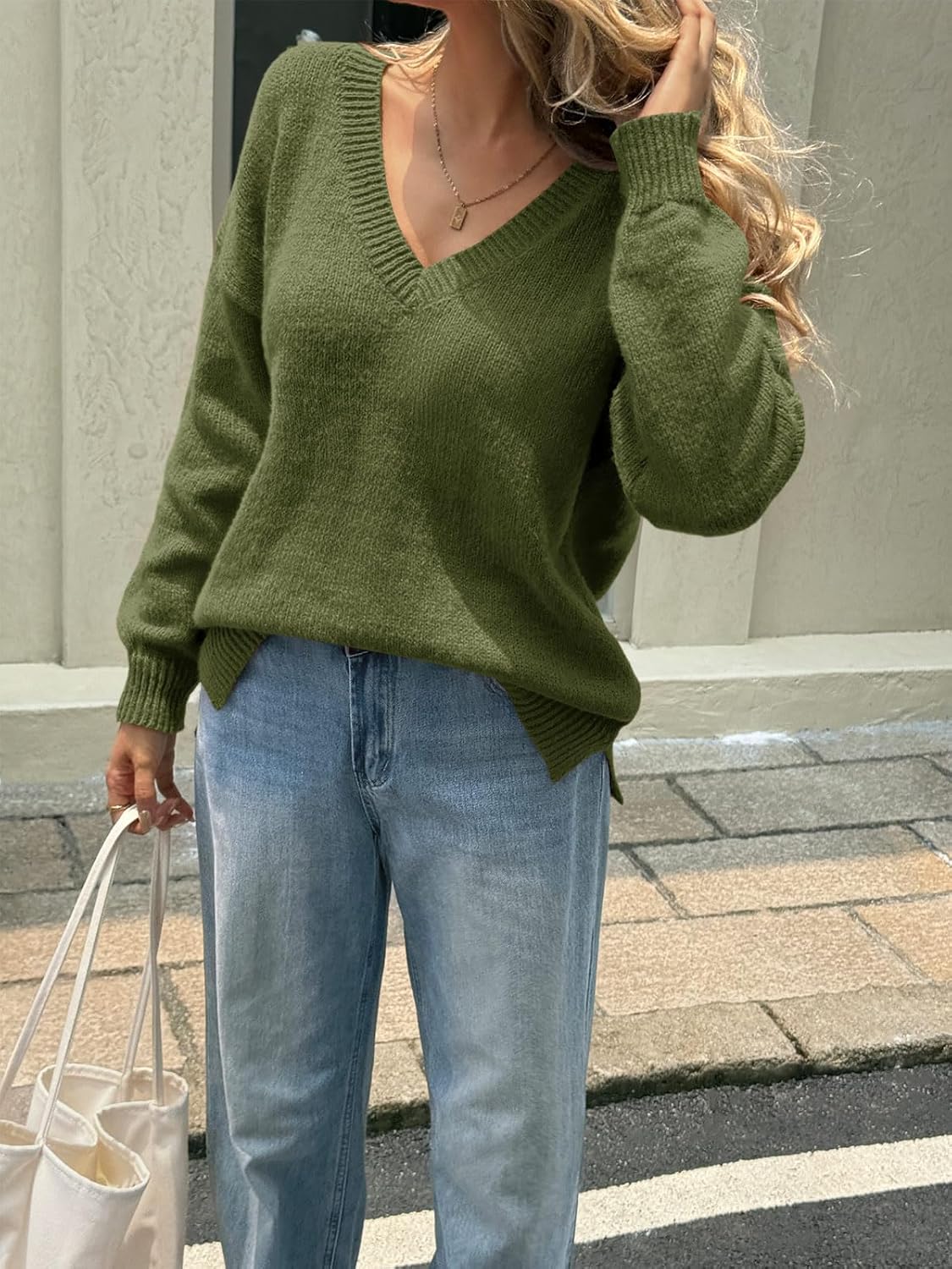 Yousify Womens Fall V Neck Sweaters Casual Knit Long Sleeve Loose Fit Pullover Sweater Tops - Image 5