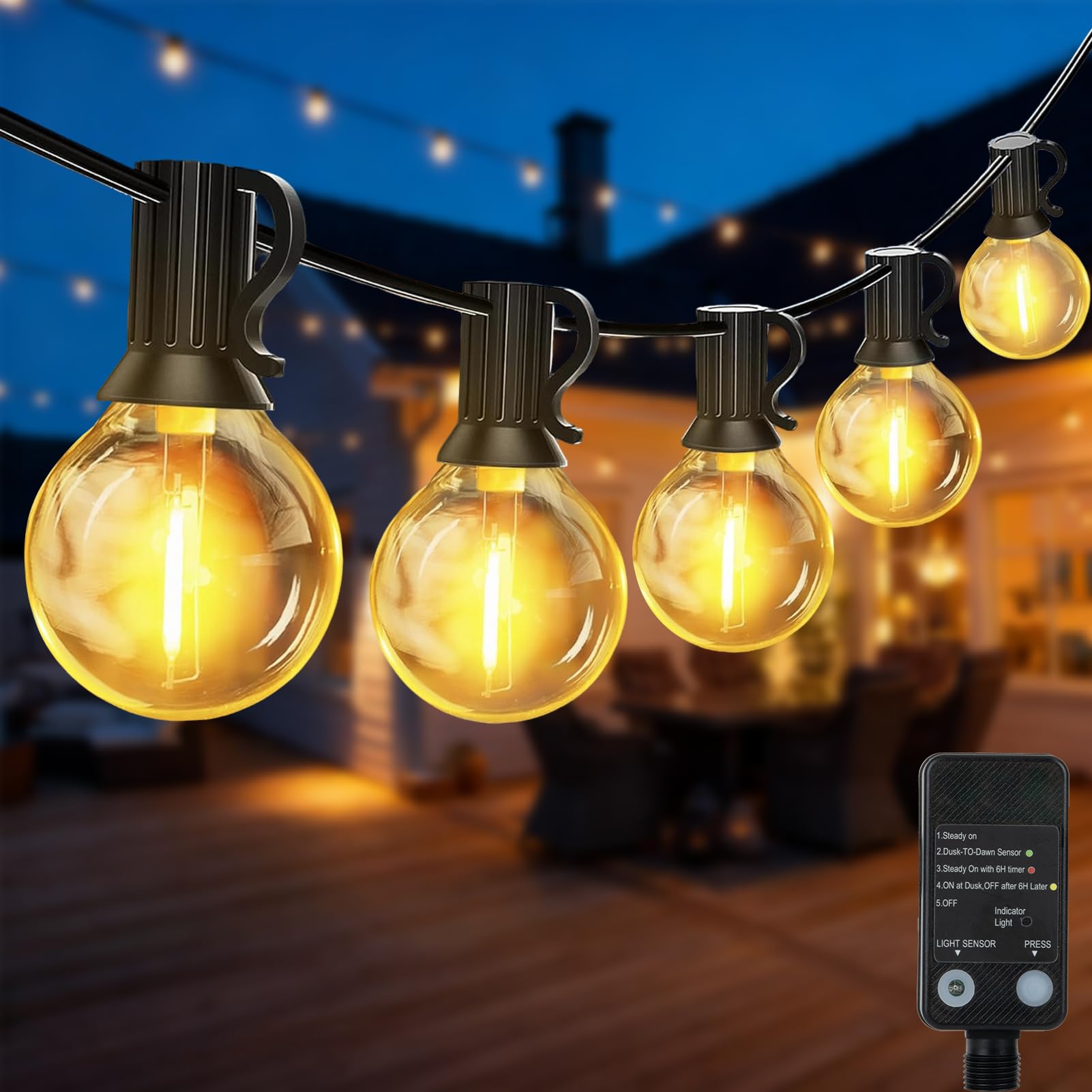 QIHANS LED Lichterkette Außen Strom, 15M LED Outdoor Lichterkette mit Lichtsensor Timer, 25+2 Warmweiß G40 Glühbirnen Plastik, Wasserdicht Lichterketten für Garten Terrasse Hochzeiten Partys
