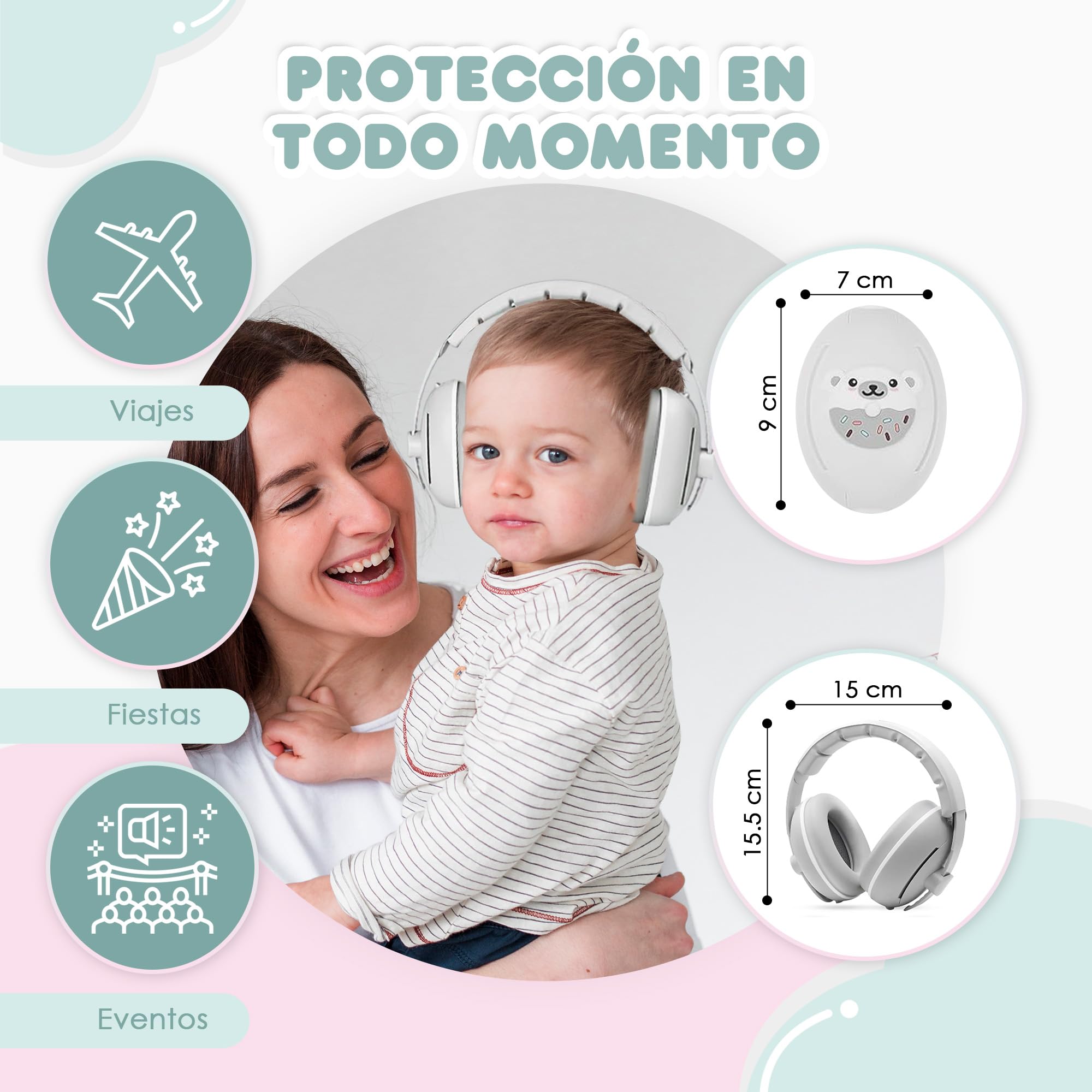 Cascos Antiruido para Bebé - 25dB - 6 Meses a 48 Meses - 2 Diademas - Insonorización para Recién Nacido y Avión