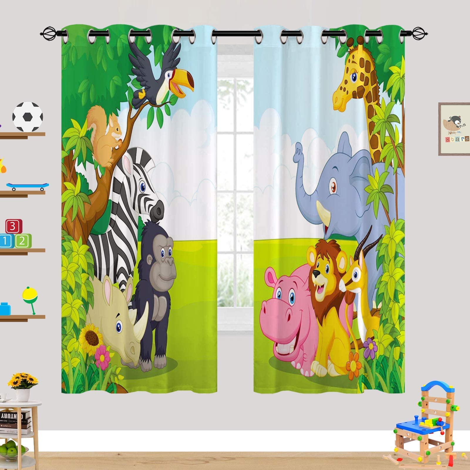 Rideaux Occultants Enfants - Motif 3D Animaux Jungle/Zoo Familial - Isolation Noire Imprimée avec Œillets Thermiques pour Chambre/Nurserie - 2 Panneaux L140 x H260cm