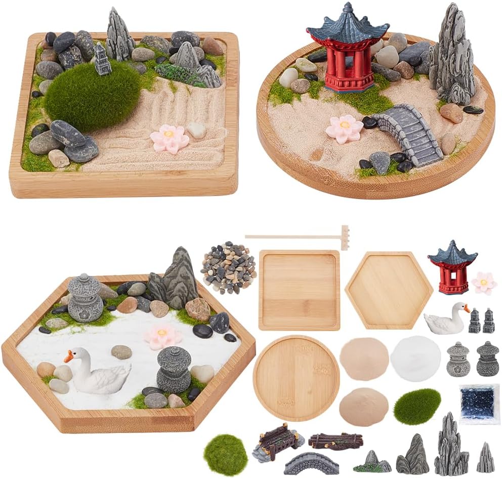 WEBEEDY 3 Sets Mini Zen Garden Kit Sand Tray Kit Japanese Sand Garden for Desktop with Bamboo Tray,Mini Rock Garden Gift Set for Home Office Desk Beautiful Japanese Decor Relaxation Meditation