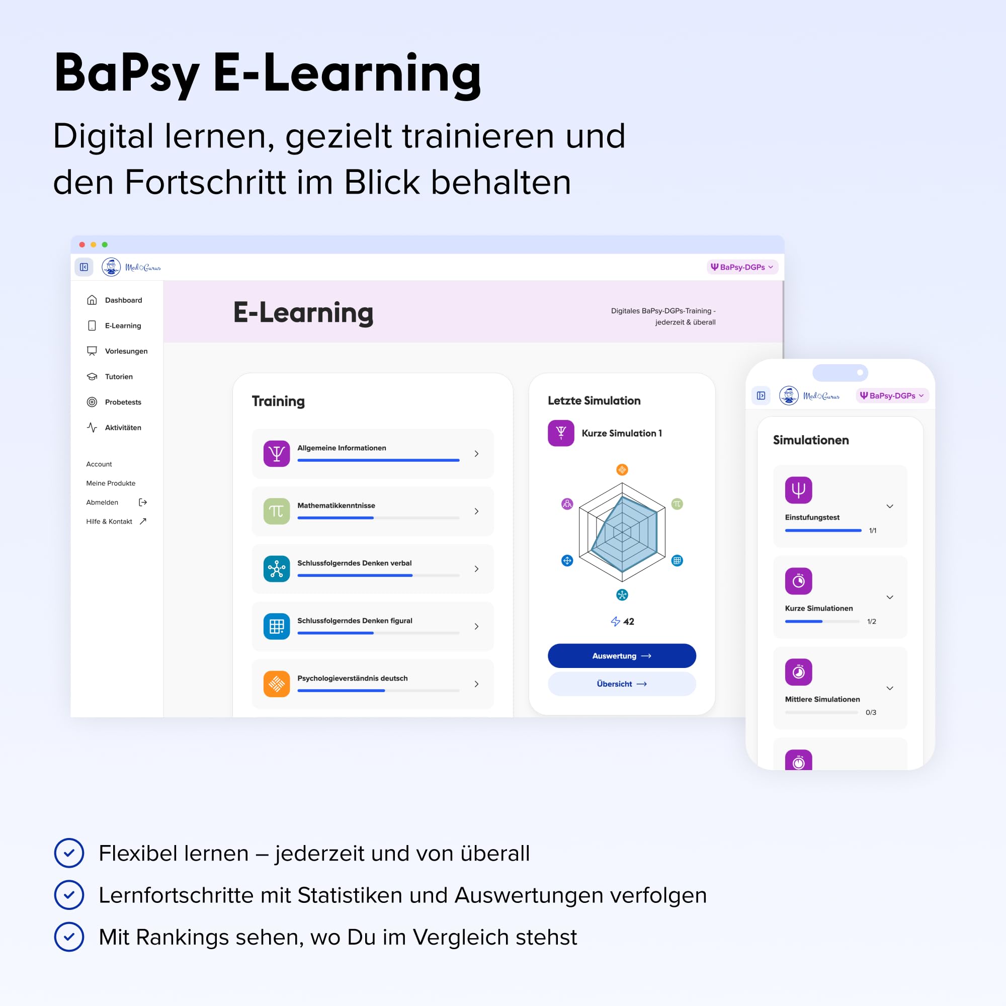 MedGurus - BaPsy-DGPs Vorbereitung - Pro Paket – Simulationsbuch & E-Learning mit über 1.250 Übungsaufgaben - zur Vorbereitung auf den Studieneignungstest Psychologie